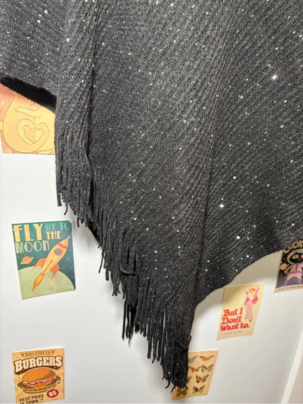 Black Rivet Black Knit Poncho with Fringe Edge